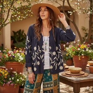 J Jill Embroidered Floral Gauzy Button Top M Petite Indigo Boho Peasant Cottage